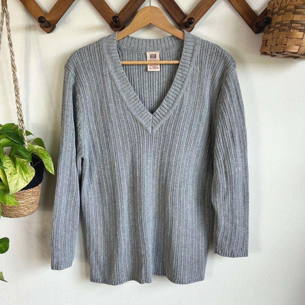 Vintage Faded Glory Originals Grey Heather Ribbed V-Neck Sweater Ladies XL 16/18